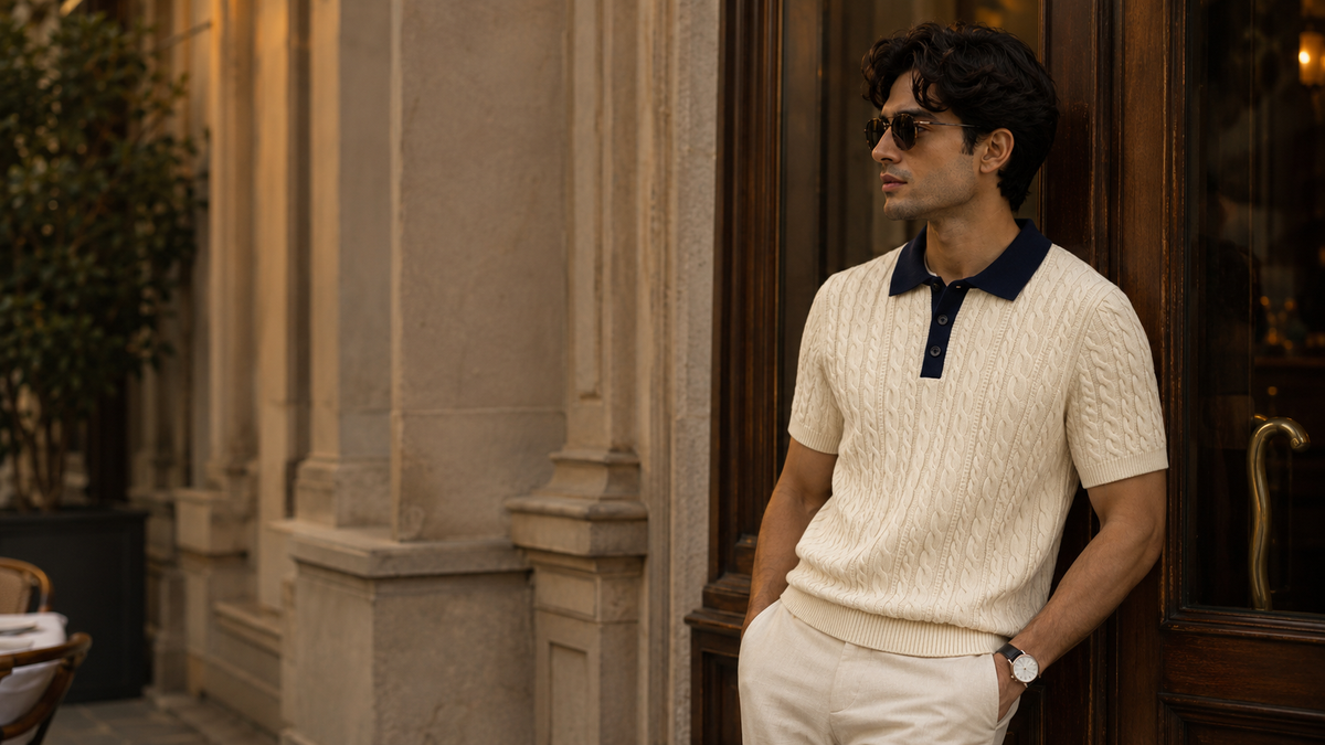 B.N.M Heritage Knit Polo worn in a timeless editorial setting